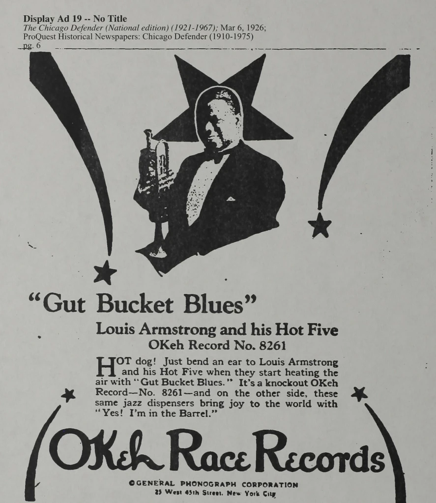 An ad placed by Louis Armstrong in The Chicago Defender.
