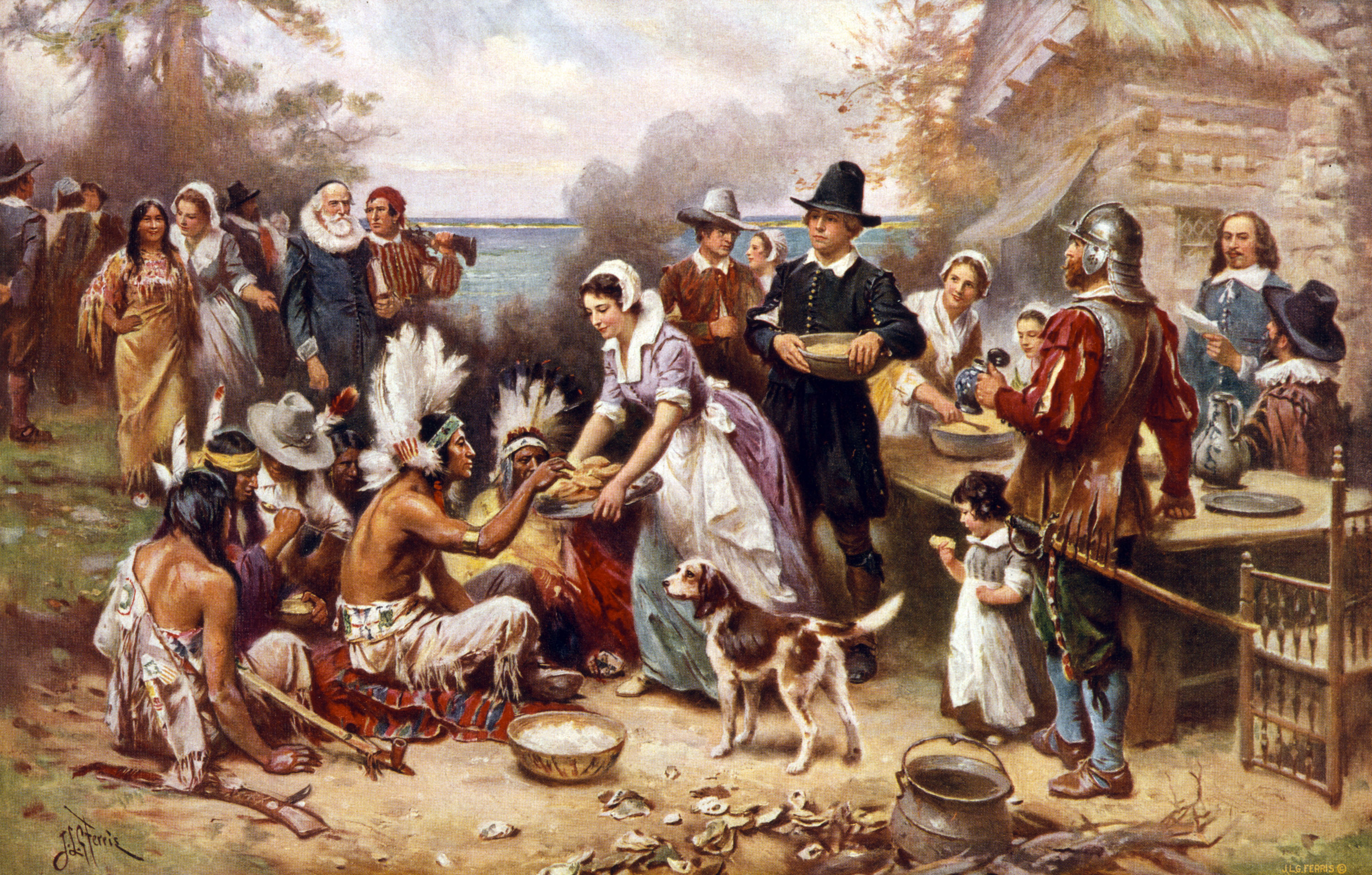 Artwork by Jean Leon Gerome Ferris, 1912, of the first Thanksgiving. Image provided by the Library of Congress.
