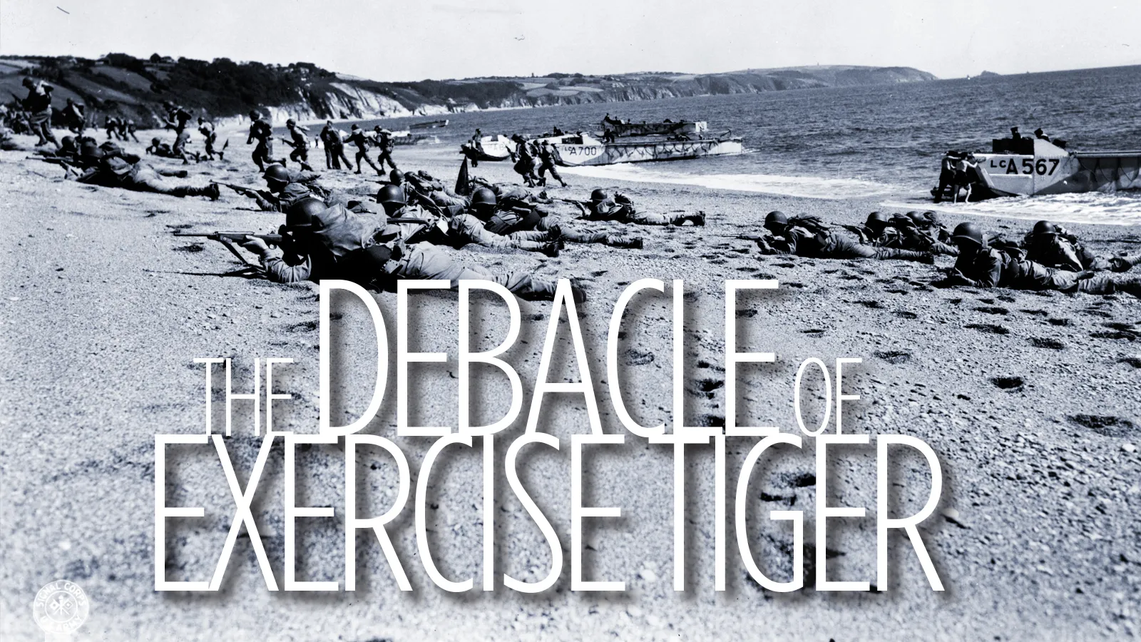 The header graphic for the page, showcasing the title 'The Debacle of Exercise Tiger' atop a photo of soldiers storming the beaches of Normandy.