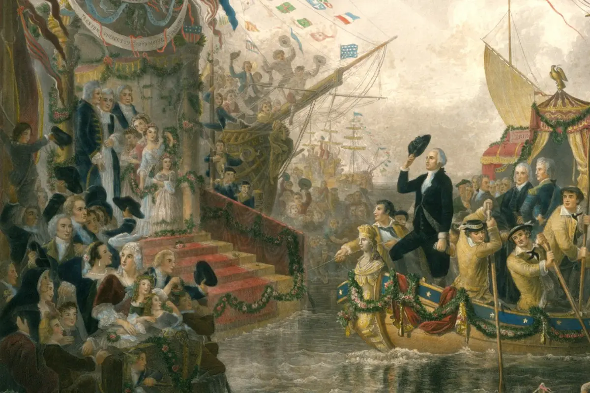 A painting from the times of George Washington arriving in New York to a procession of people awaiting him.