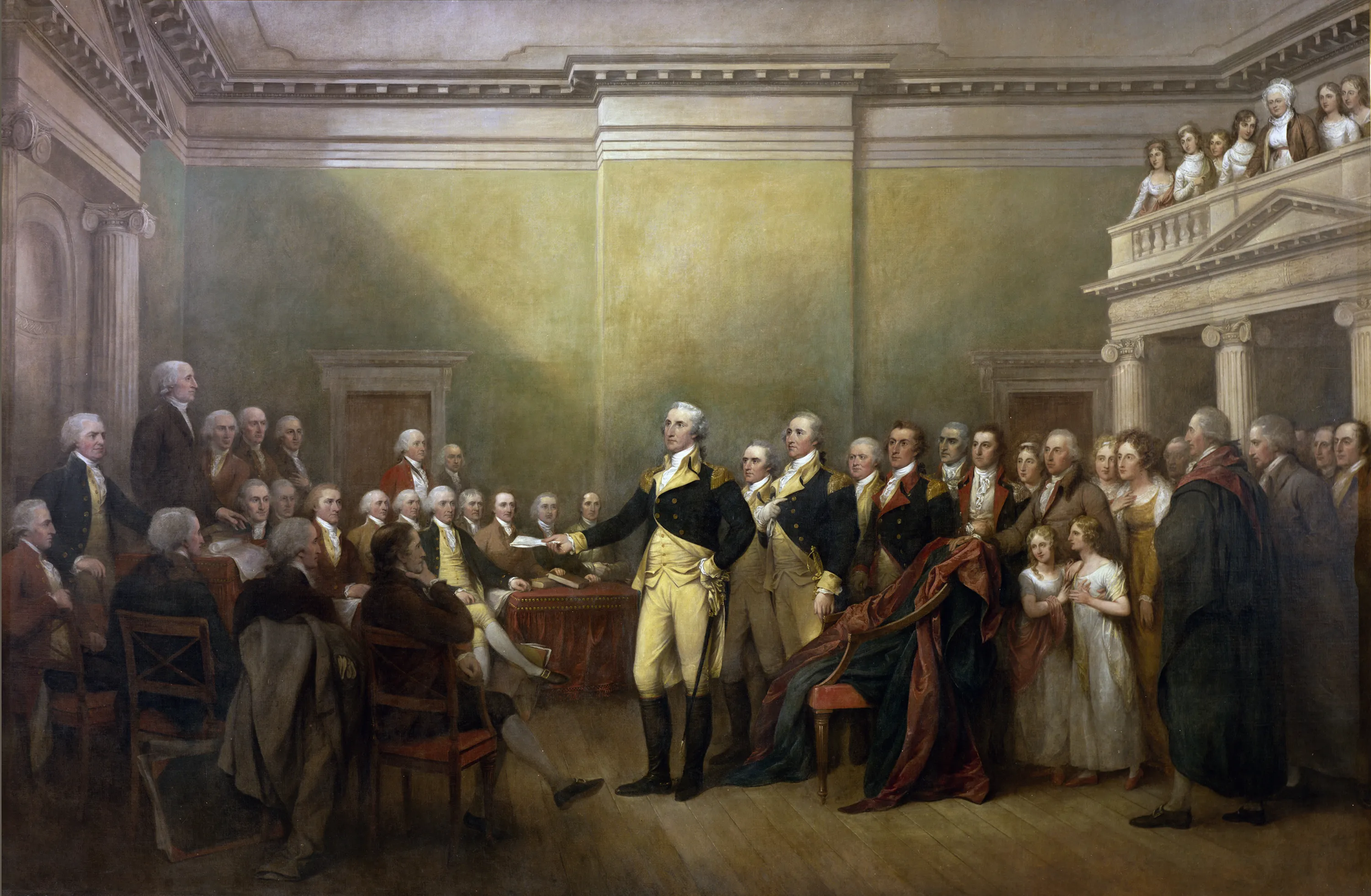A painting showcasing Washington, accompanied by his officers, resigning his commission to Congress.