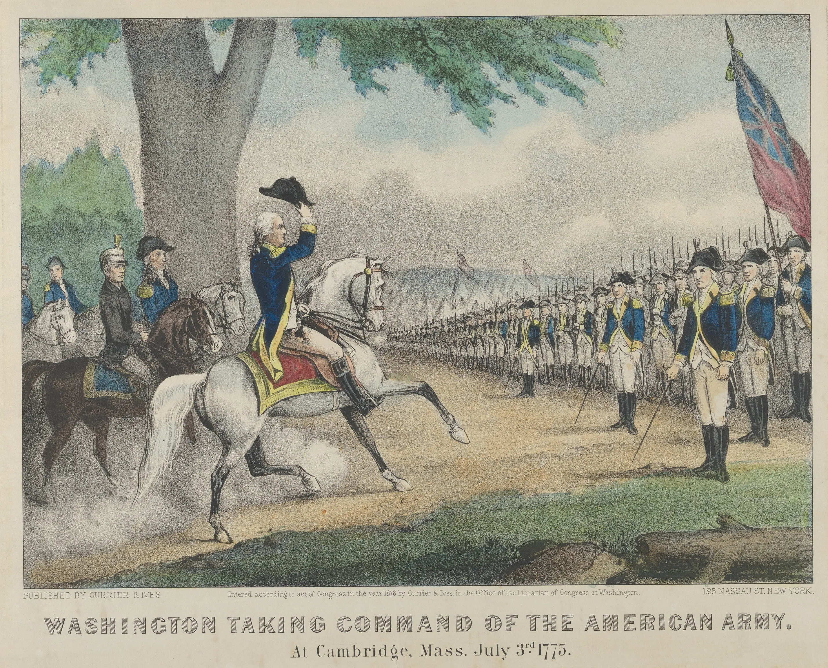 An artist's rendition of Washington taking command of the American Army in Cambridge, Mass.