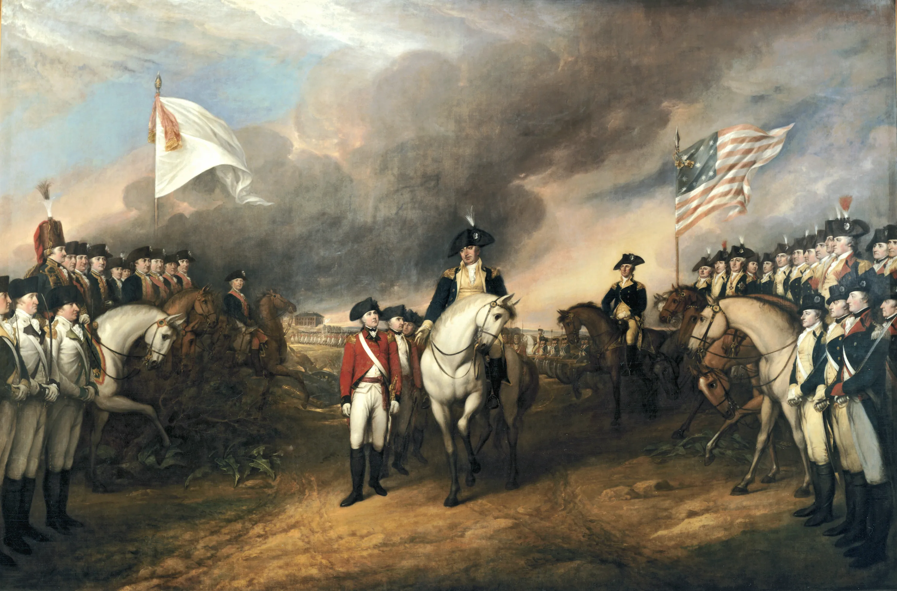 A period painting showing Lord Cornwall surrendering to George Washington after the Battle of Yorktown.