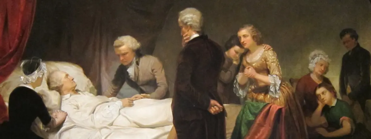 Washington lays in bed sick, while being comforted by his wife and several other officials.