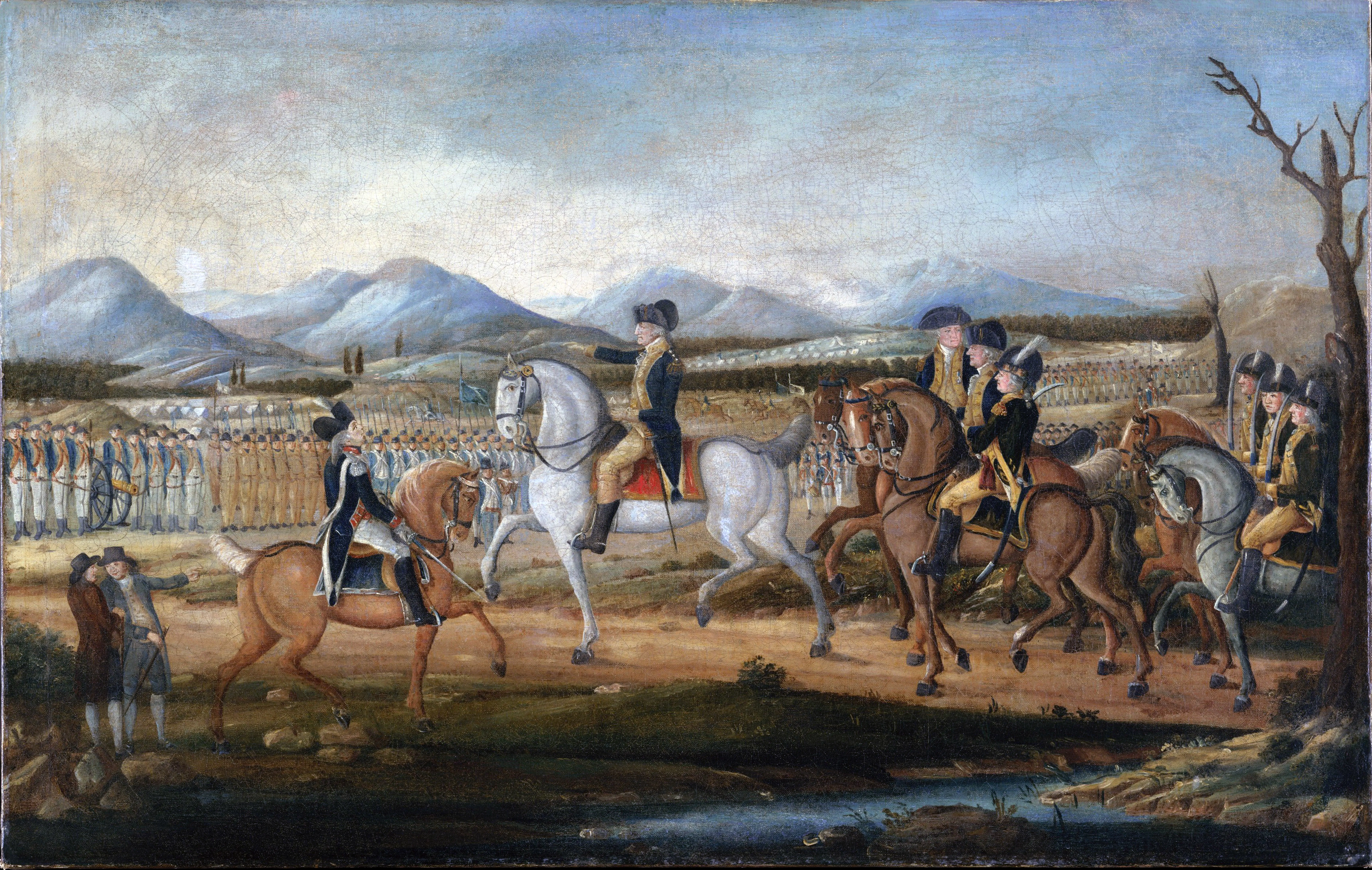Washington sitting upon a horse, giving out orders to another officer while rows of men watch.