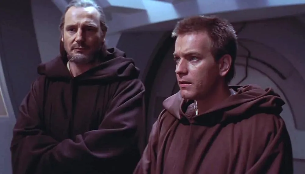 A still of Obi-Wan Kenobi, played by Ewan Mcgregor, and Qui-Gon Jinn, played by Liam Neeson, onboard a Trade Federation ship in The Phantom Menace.