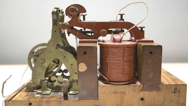 A photo of the original Morse telegraph, held by Cornell University.