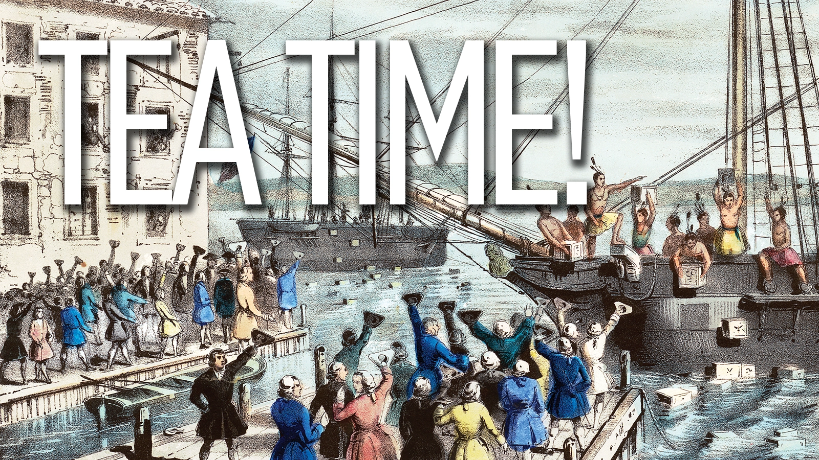 Preserved art of the 'Boston Tea Party' and caption.
