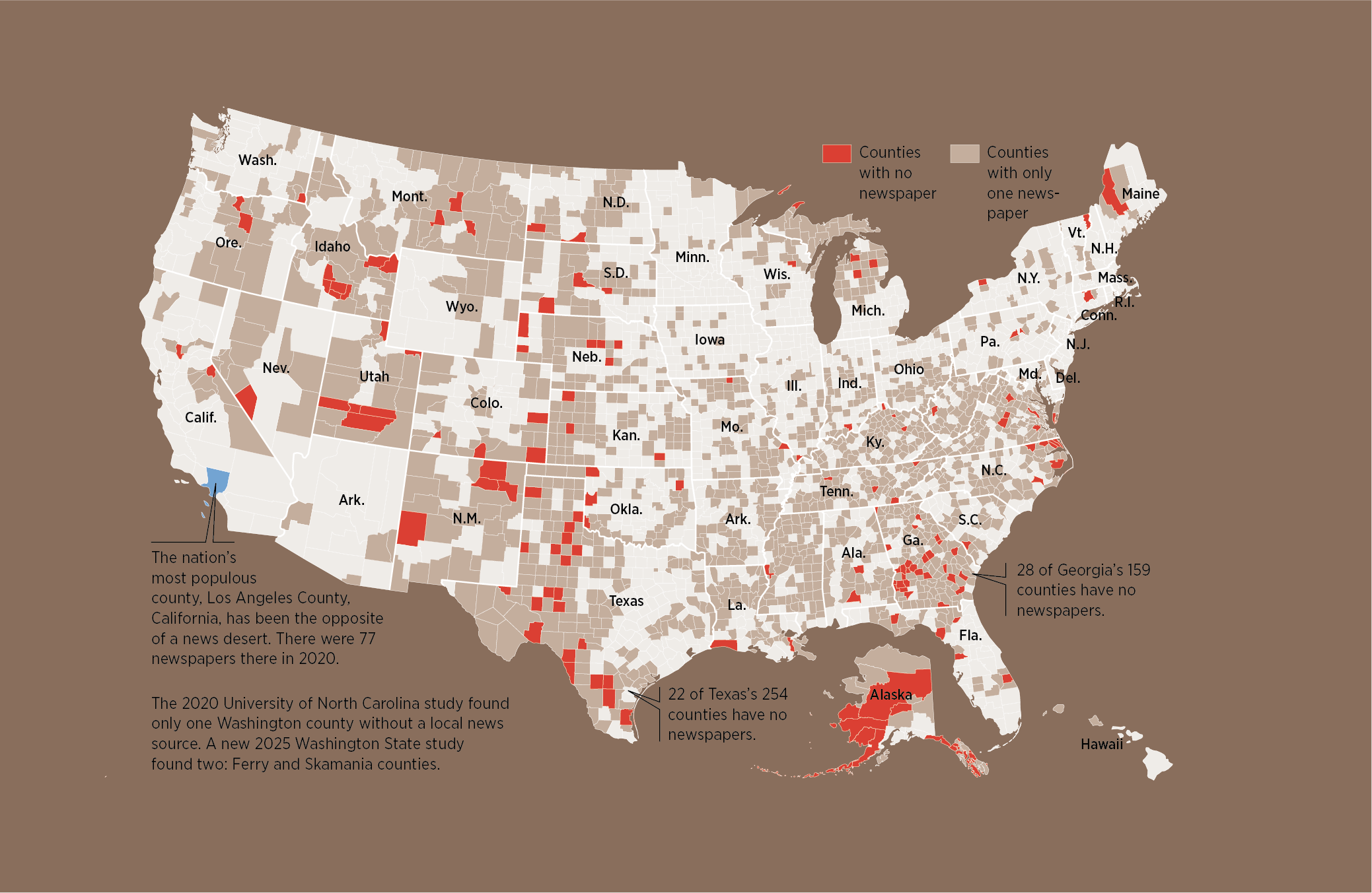 A map of the U.S. and where its news deserts have formed.