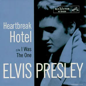 The album cover for Heartbreak Hotel by Elvis Presley, showing himself in a portrait with blue tones.