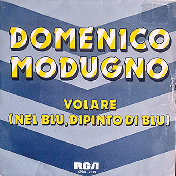 The album cover for Volare, by Domenico Modugno, which is comprimsed of three blue and three white arrows, with yellow overlaid.