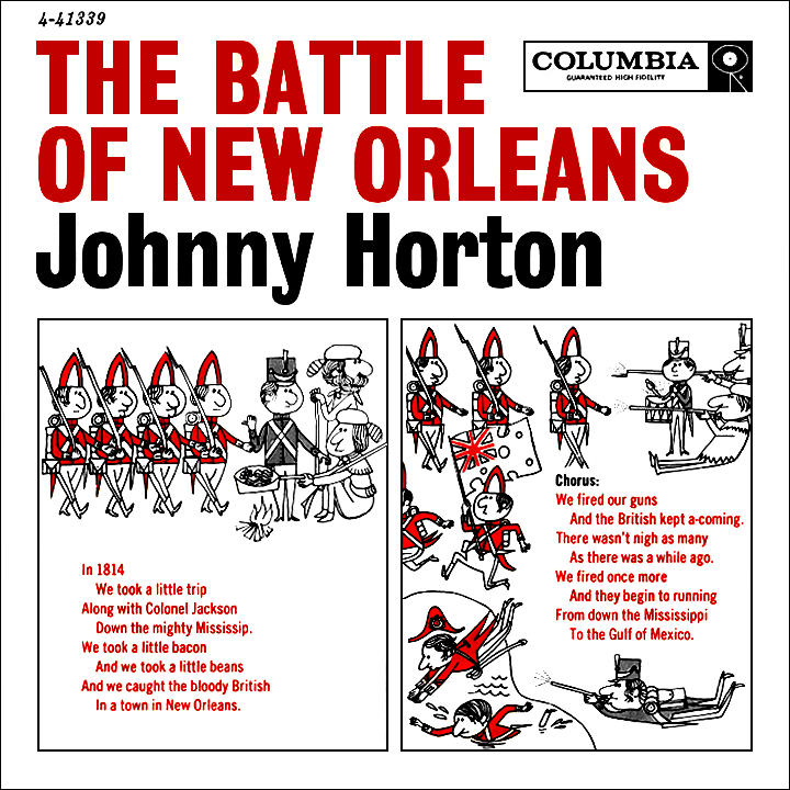 The Bottle of News Orleans, by Johnny Horton, album cover. It features a comic-style illustration of redcoat soldiers marching.