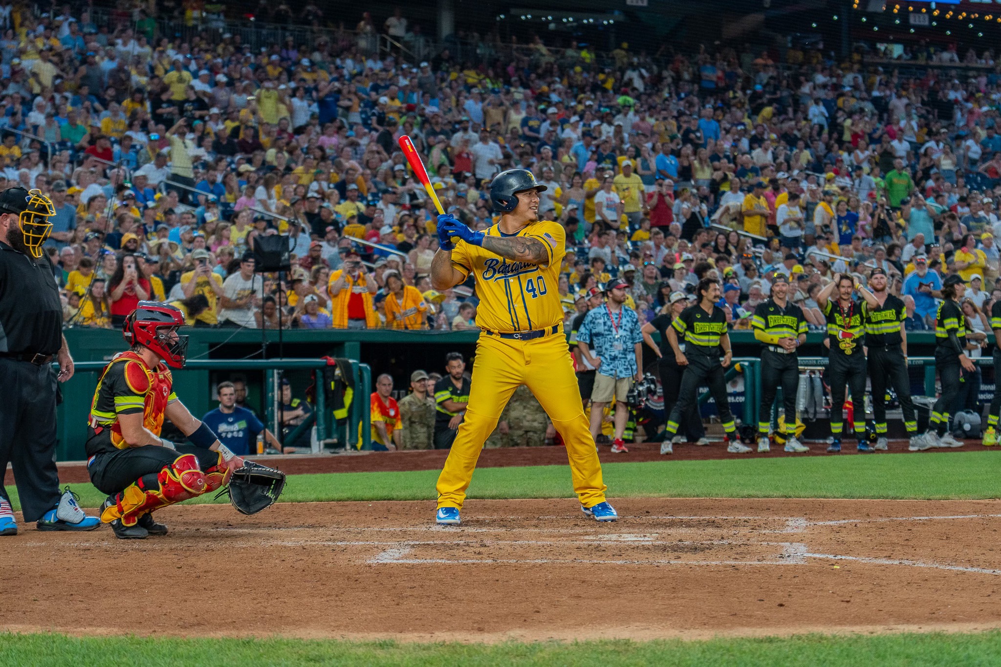 A still of a Bananas batter during a game against firefighters.