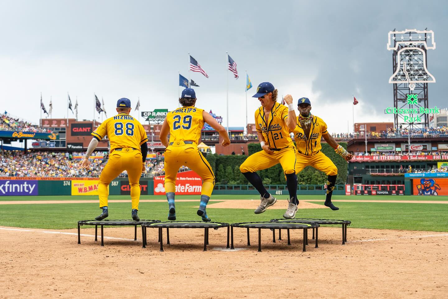 A group of Bananas on trampolines during one of their routines.