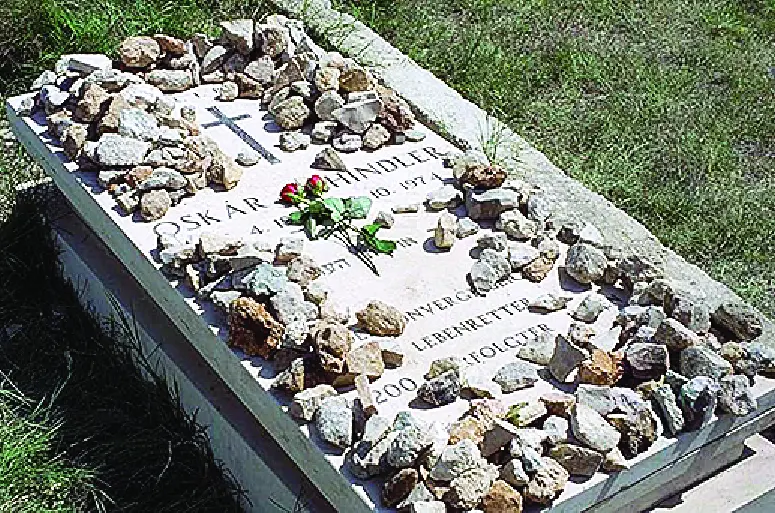 Both a still from the movie, and the real life grave of Oskar Shindler with the rose atop it.