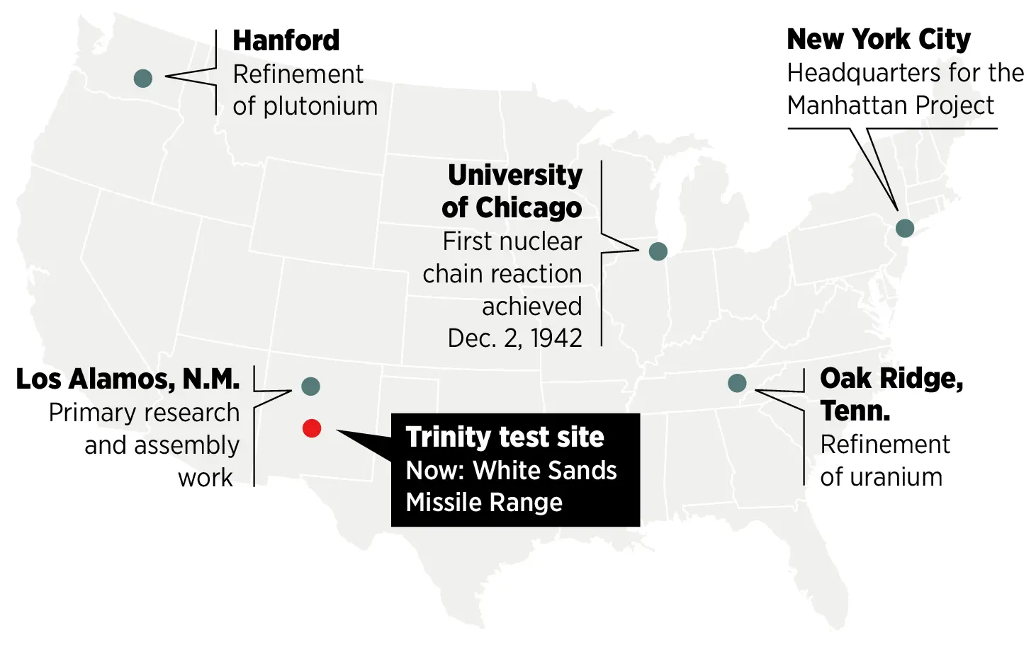 Map of U.S. nuclear testing slash development efforts across the nation.