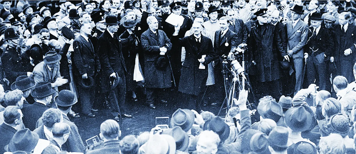 Chamberlain returned to London after signing appeasement with Germany.