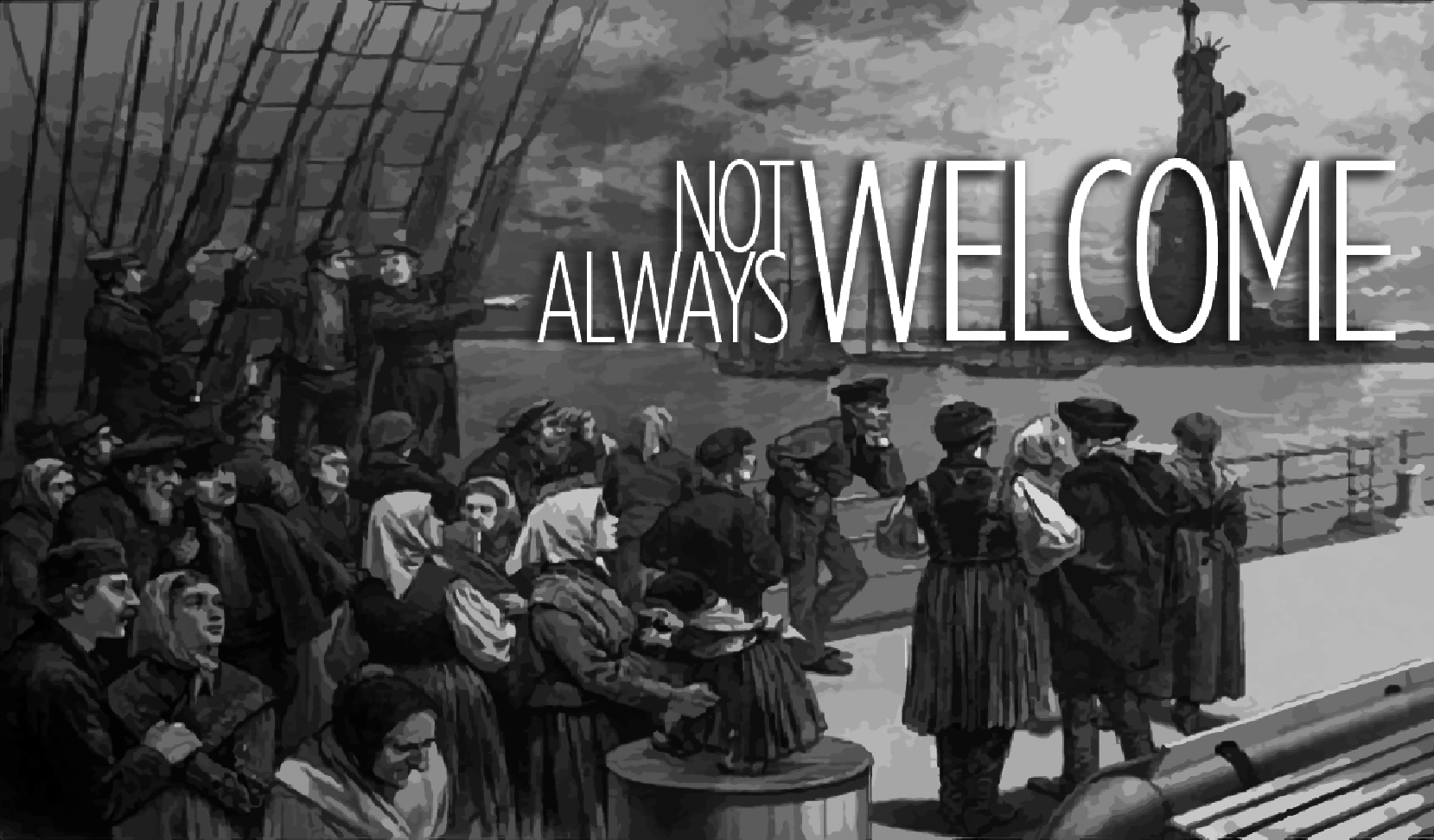 Illustration from National Park Service of immigrants heading to Statue of Liberty.